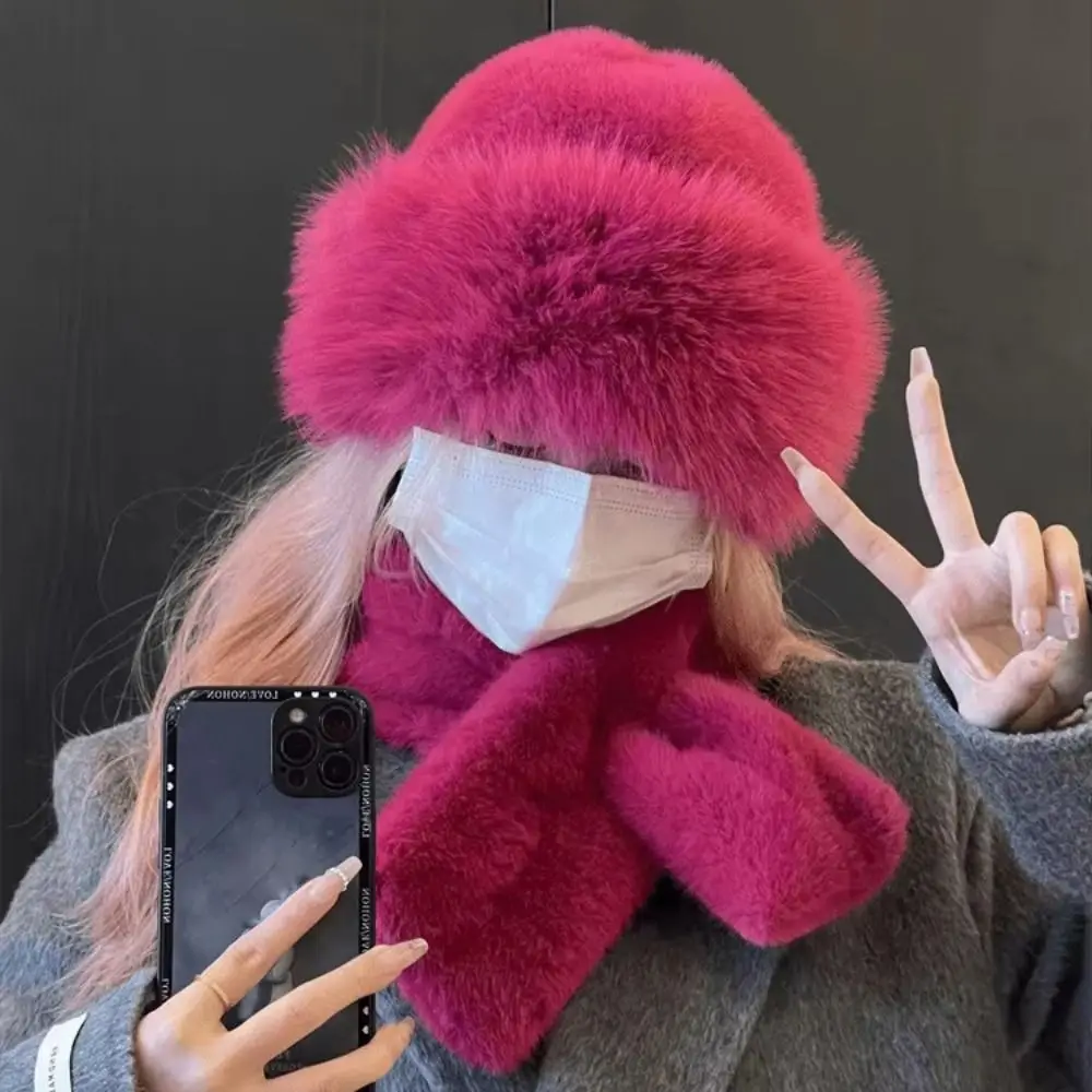 Faux Fur Winter Hat Scarf Set New Thick Warm Windproof Neck Wrap Solid Color Warmer Women Ear Protection Scarf Hat Glove Set