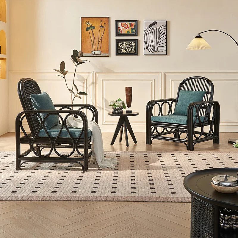 

Customizable Indonesian true vine rattan chair household balcony armrest back chair hotel bed and breakfast sofa chair