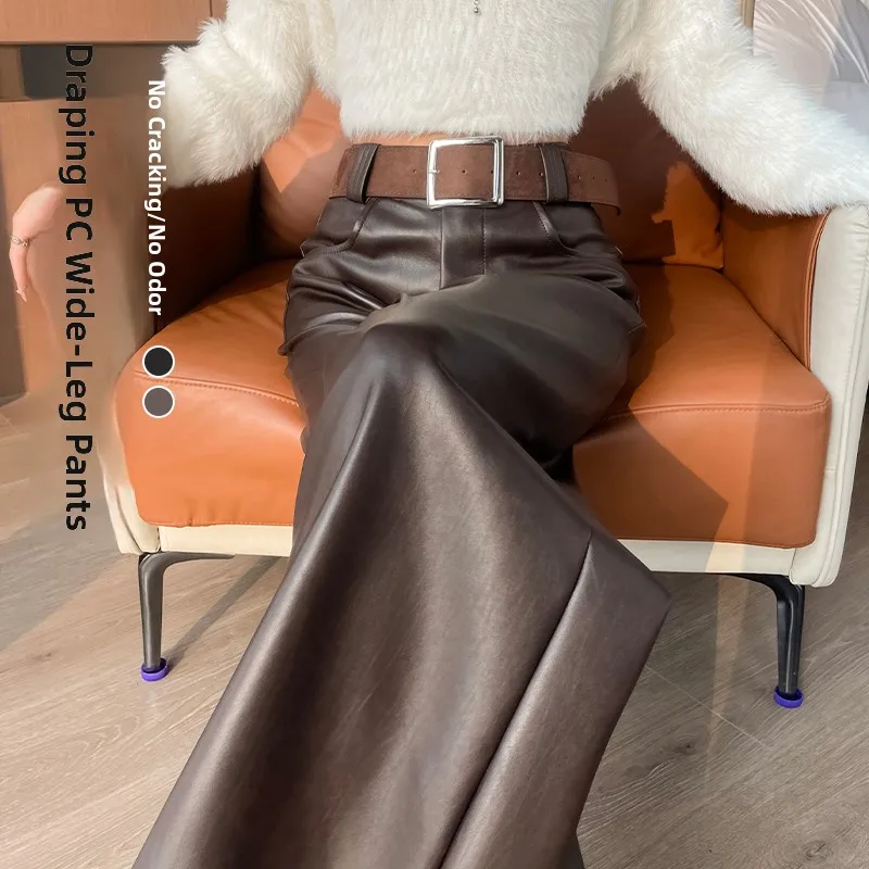 Bla Fce اصطف بولي بنطال بنطال جلدي المرأة عالية الخصر واسعة الساق مستقيم قطع Thiened ماتي الخريف الشتاء جديد Sle عادية T...