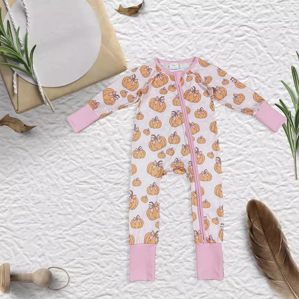 

Pink Pumpkin Print Halloween Romper Western Jumpsuit for Baby Girls Long Sleeves Zipper Wholesale