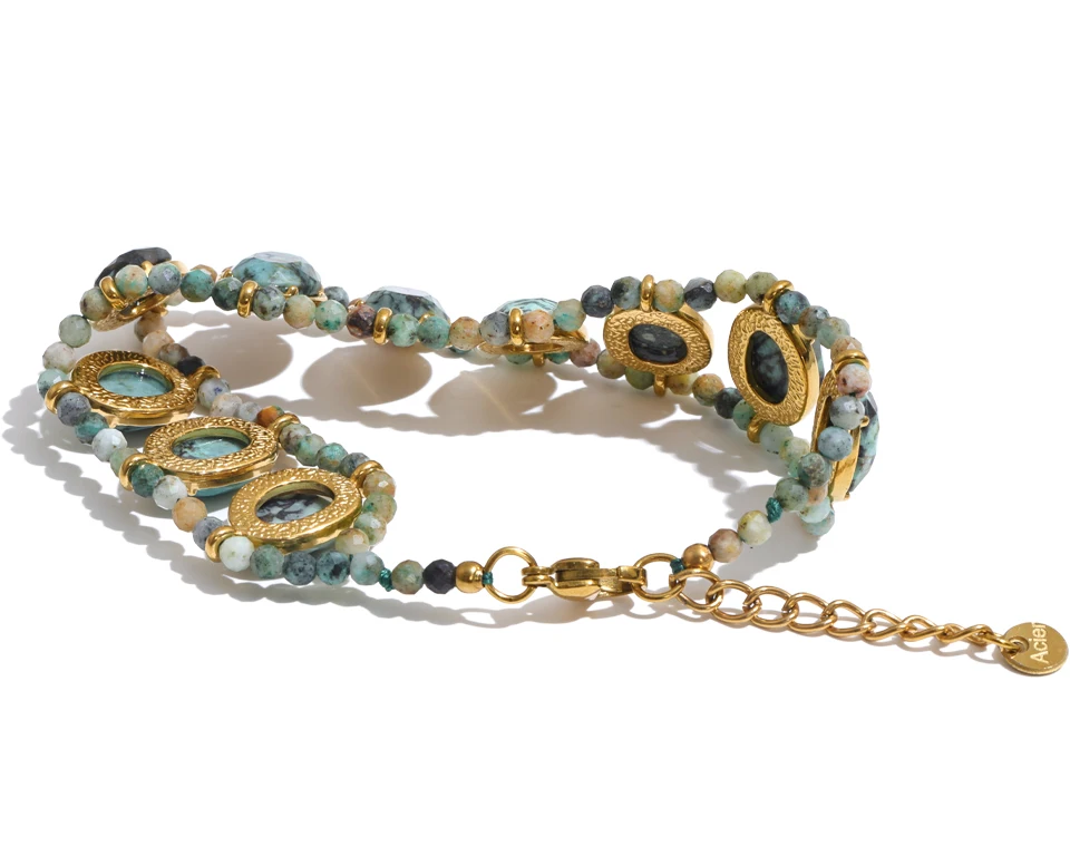Yhpup Edelstahl-Armband mit natürlichen Türkis-Steinen, grünen Edelsteinperlen, handgefertigter Schmuck im Südwesten-Stil – Detail 2