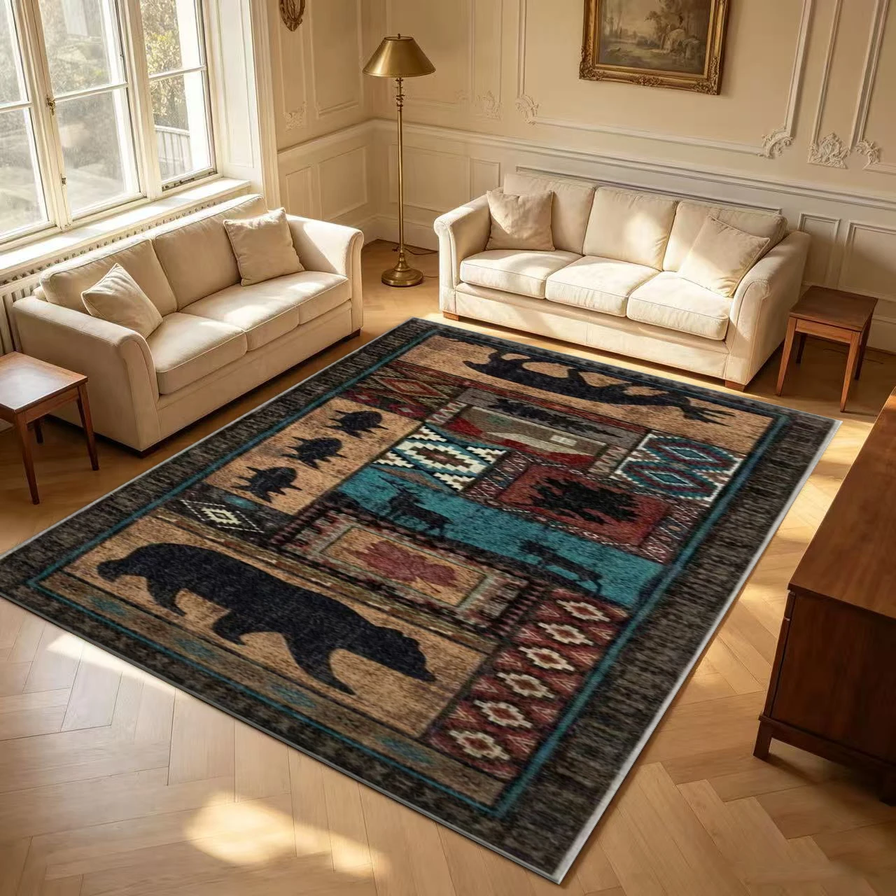 Rustic Wildlife Patchwork Runner Rug Bear Deer Fish Pattern Long Floor Carpet for Hallway Entryway Home Decoration