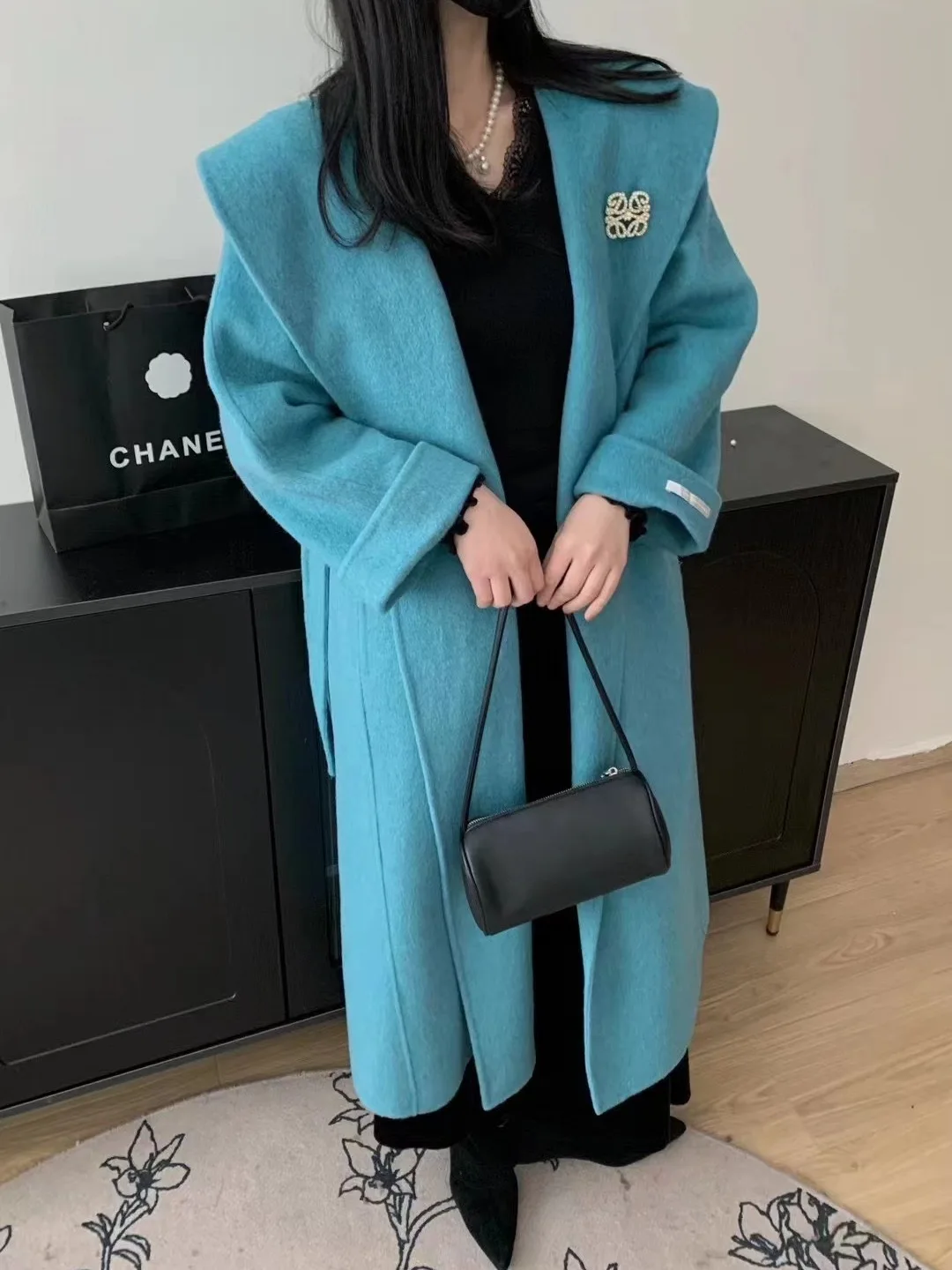 Korean Women Handmade Hepburn Corrugated Water Ripples Coat Double-sided Cashmere Wool Long Woolen Jacket Cashmere Coat