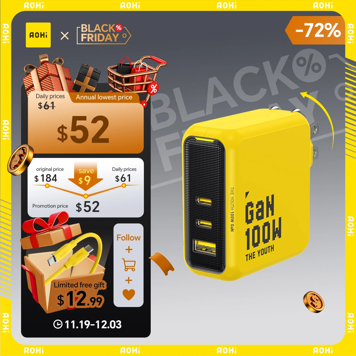 

AOHI Youth 100W GaN Charger for Macbook Laptop Tablet Fast Charging For iPhone Xiaomi PD3.1 USB Type C Charger For iPhone 16 15