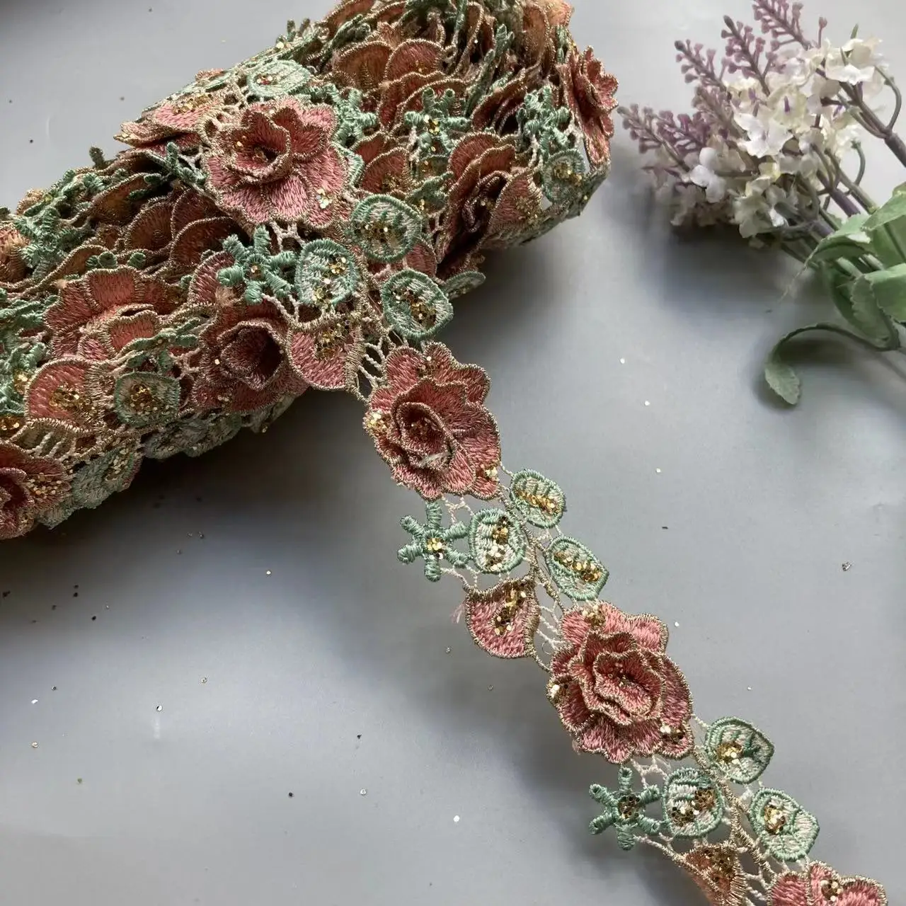 2 Yards 3.5 cm Rose Lace Trim Floral Sequined Webbing Ribbon Ethnic Clothing Embroidered Sew Accessories Embroidery Crocheted