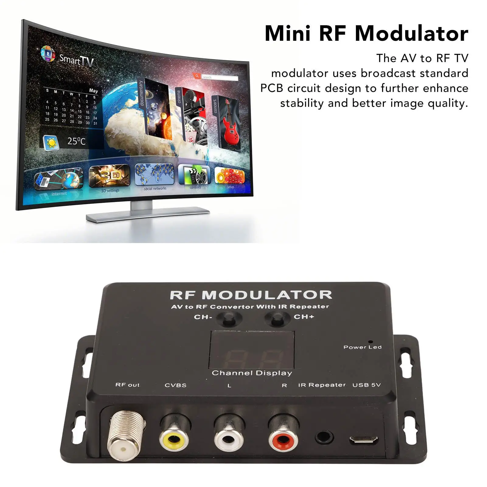 Modulador de RF AV para RF Conversor com IR Repeater, PCB Design para TV Set Top Box, DVR, DVD, qualidade profissional