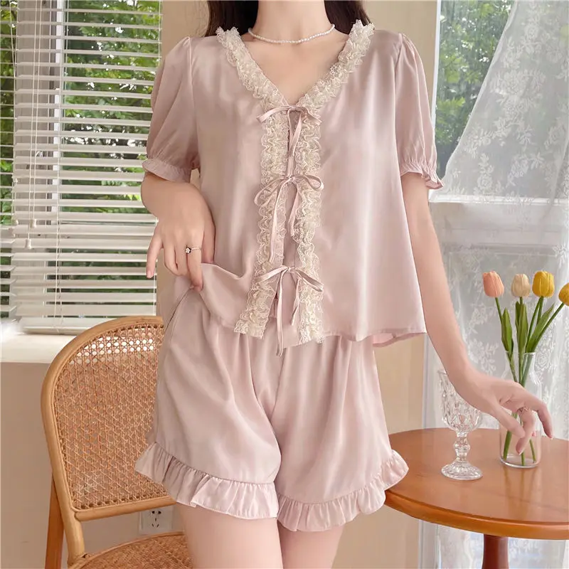 Ice Silk Pajamas Women Summer New Short-sleeved Shorts Luxury Temperament Two-piece Loungewear Sweet V-neck Lace Sleepwear Set