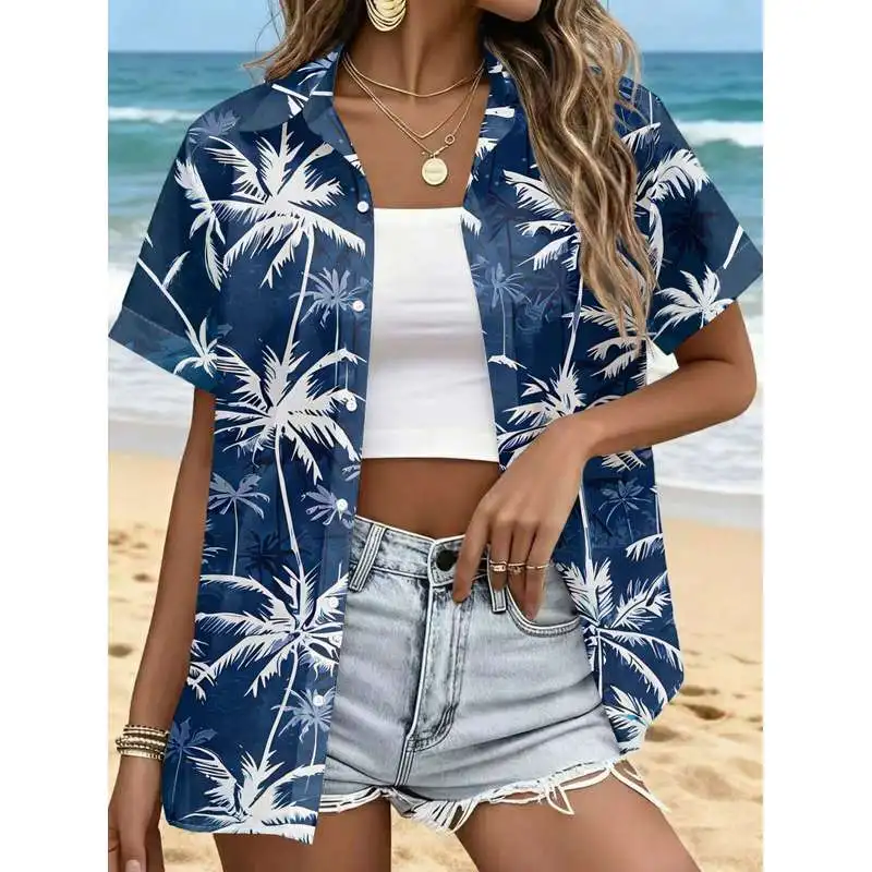 New Women's Short Sleeve Button Up Shirt Dark Blue White Palm Print Layered Asymmetrical Tropical Commute Casual Top Machine Was