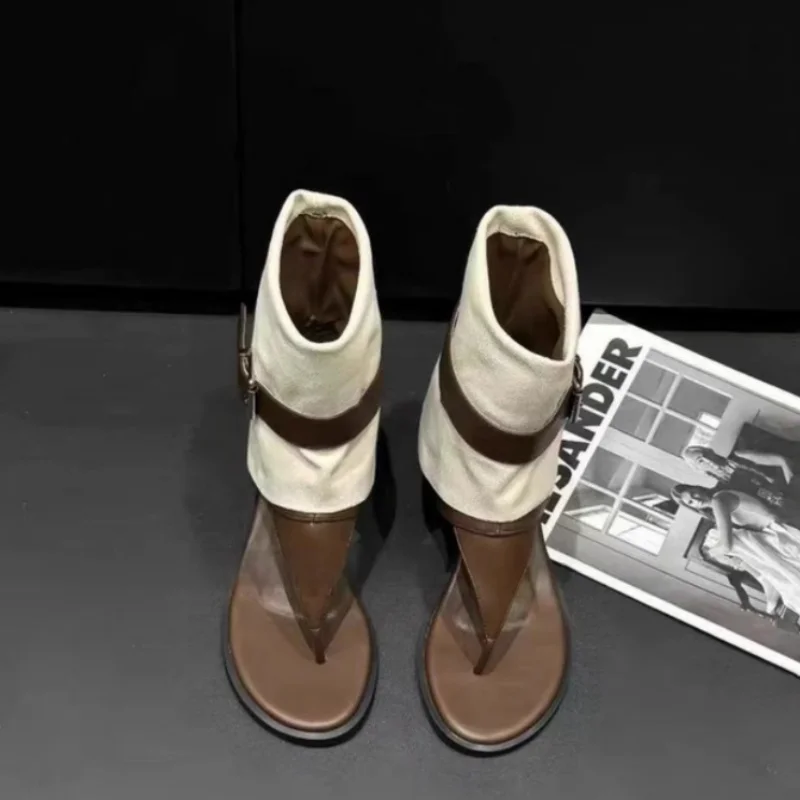 

2025 Summer New Women's Clip-Toe Sandals Round Toe Flat Bottom Heightening Retro Casual Belt Buckle Ladies Mid-Calf Booties