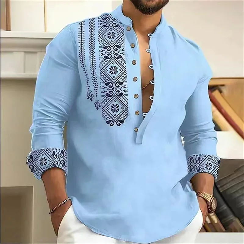 Fashionable 7 Button Men\'s Long Sleeve Shirt Button Down Shirt Loose Henley V Neck Beach Top T-Shirt High Quality Material