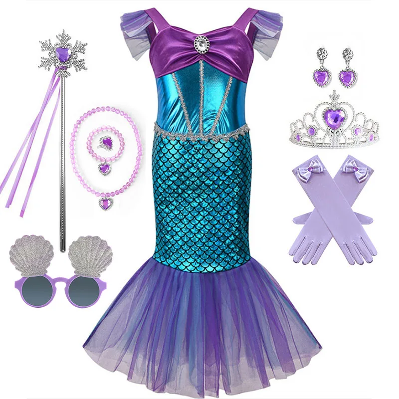

Сетчатый костюм маленькой Русалочки для девочек, платье с летящим рукавом, карнавальные вечерние женские платья для детей, платье на Хэллоуин, одежда