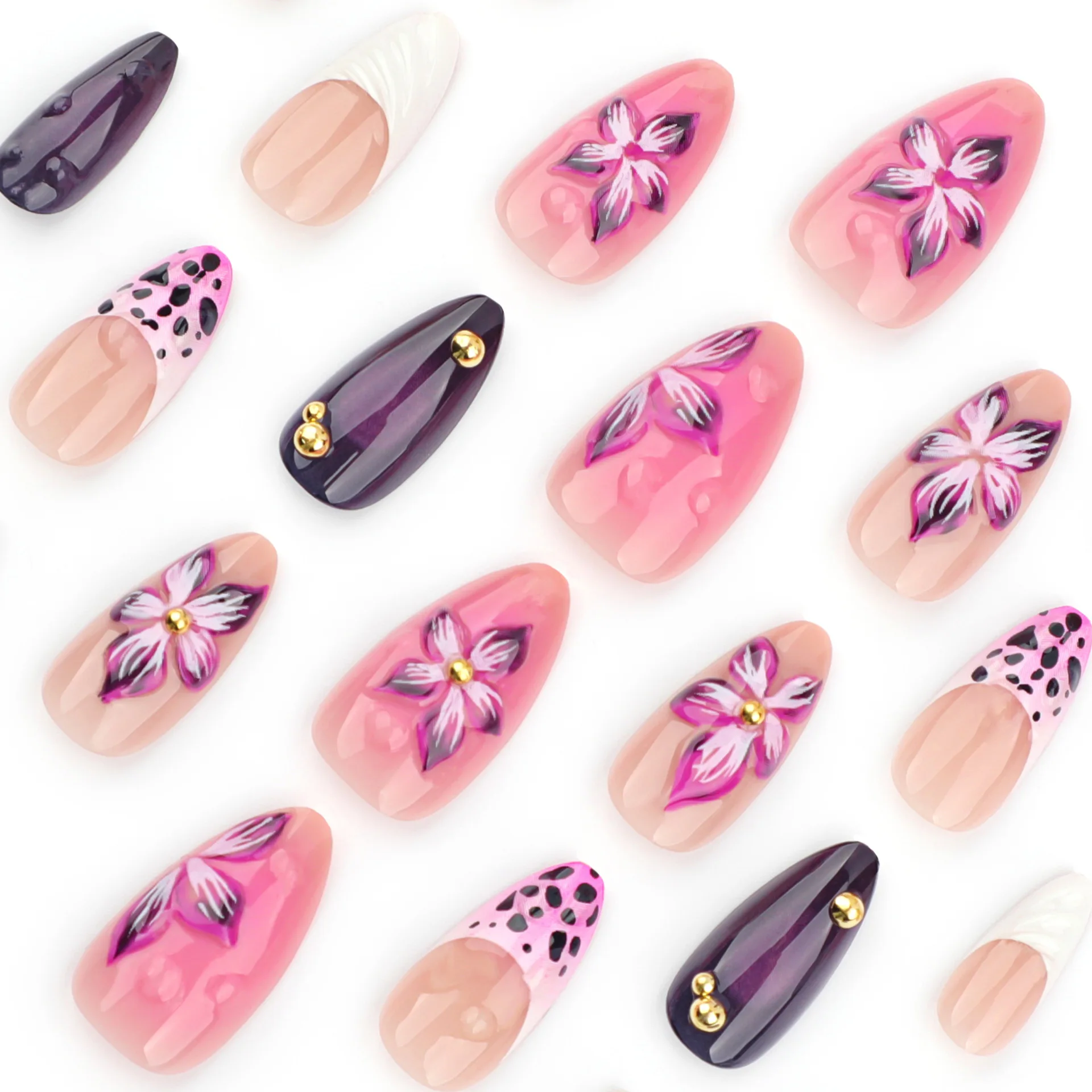 3D Pink Purple Flowers Nail Art Leopard Print White French False Nails Detachable Finished Fake Nails Press on Nails with Glue