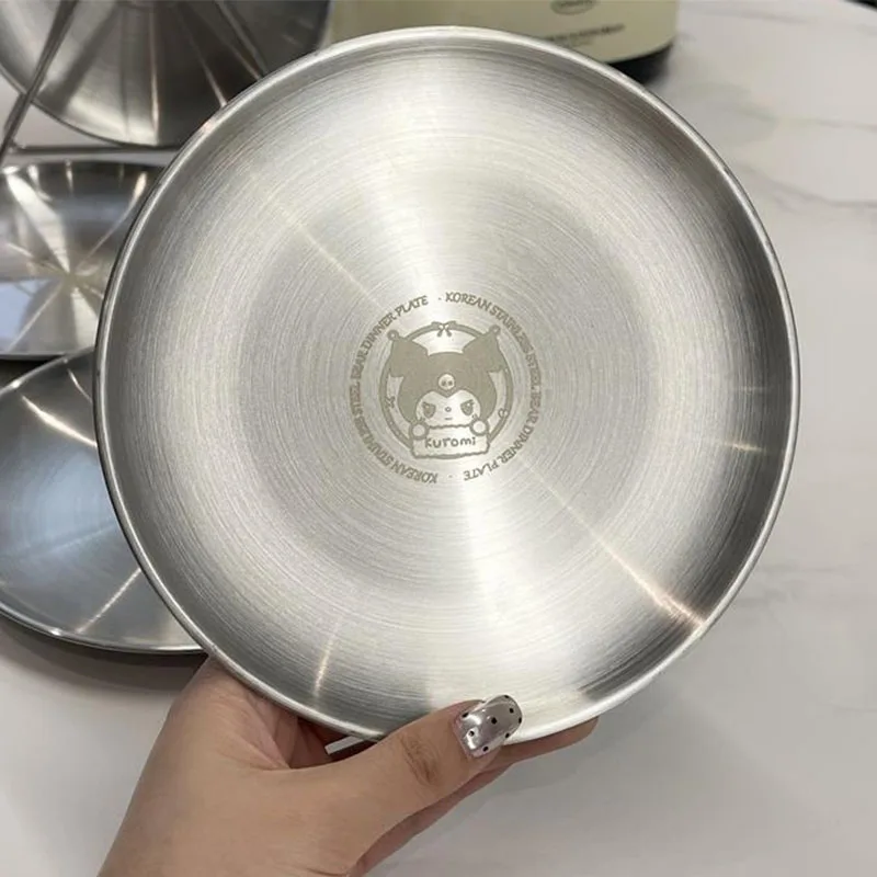 Sanrio-plato de comedor de acero inoxidable Hello Kitty, vajilla de Bar de cocina a prueba de Kawaii, plato de aperitivos de frutas y pasteles, accesorios de cocina