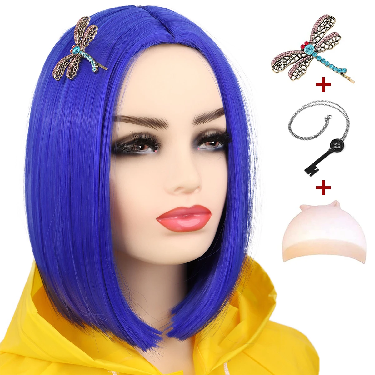 Synthetic Coraline Blue Wig Short Straight Bob Wig Heat Resistant Synthetic Wigs for Halloween Cosplay Party