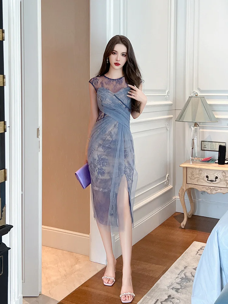 Summer Evening Long Dresses For Women Elegant Lace Chic Sheer Sexy O-Neck Slim Midi Party Gown Mujer Robe Femme Vestidos Fiesta