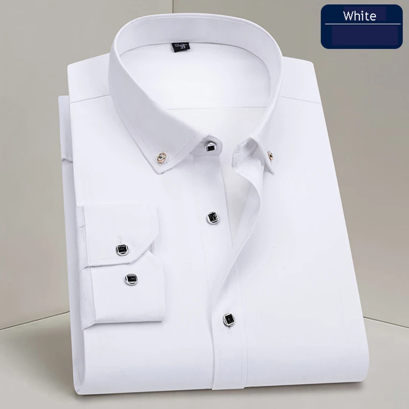 Men's Solid Color Business Shirt Fashion Classic Basic Casual Slim Black White Blue Long Sleeve Exquisite Diamond Buckle Shirts