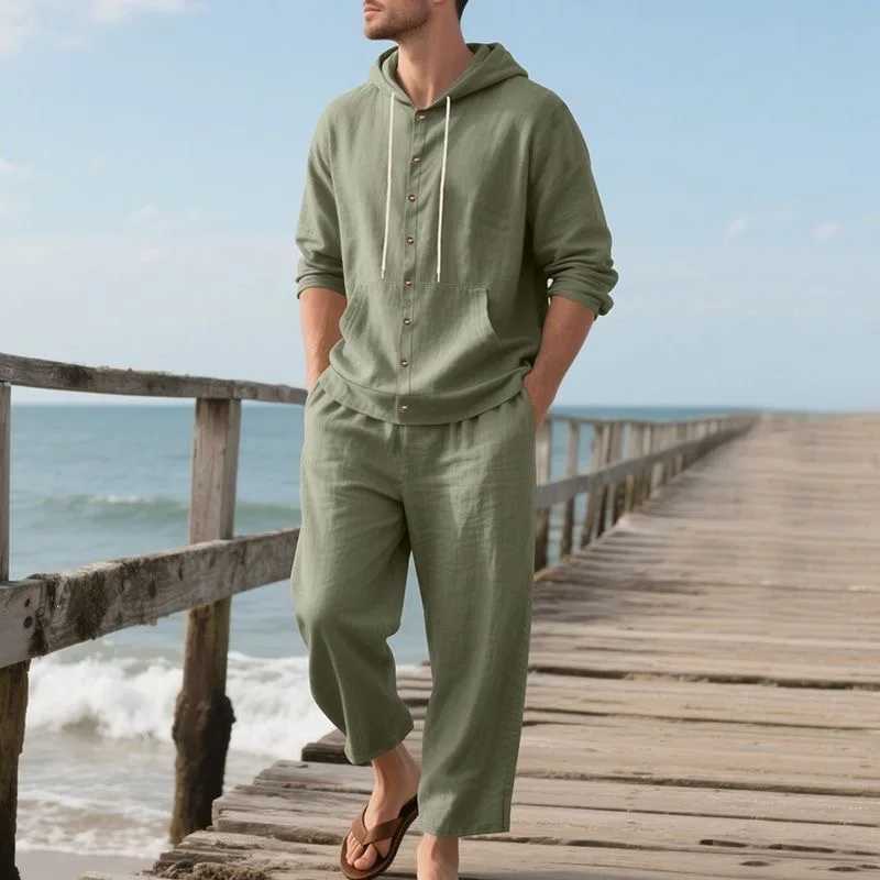 Men's Linen Beach Set Summer Casual Hooded Shirt & Pants 2 Piece Suit Breathable Loose Holiday Outfit Solid Color Vacation Wear view 5