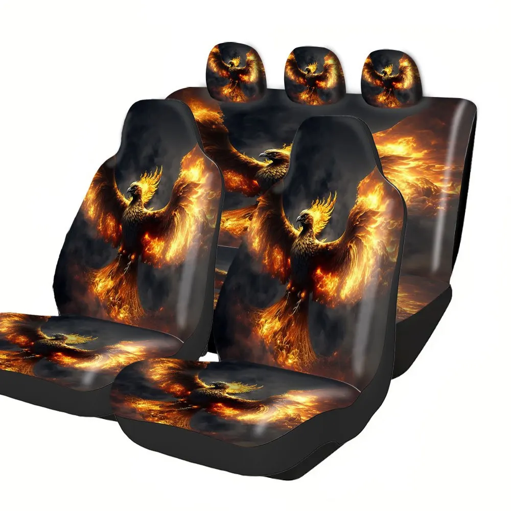 Trendy Print Car Seat Covers Full Set Fit Festive Premium Material Phoenix Flaming Soaring Design Comfortable Breathable Inter