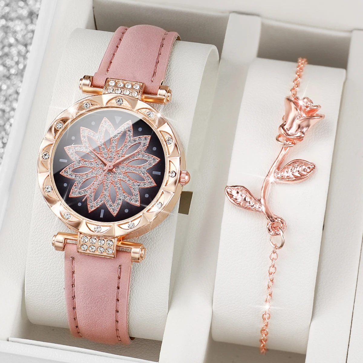 2pcs/set Fashion Women Leather Strap Flower Quartz Watch & Rose Bracelet