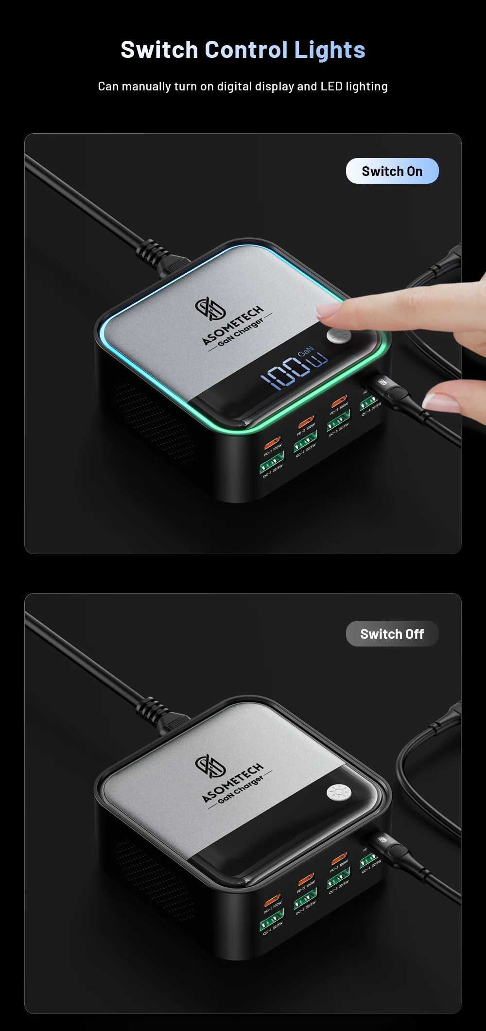 GaN USB C Charger 8 Port Mini Desktop Charger Ambient Lighting Display 4 X 100W PD PPS Fast Charger For Laptop iPhone 15 Samsung