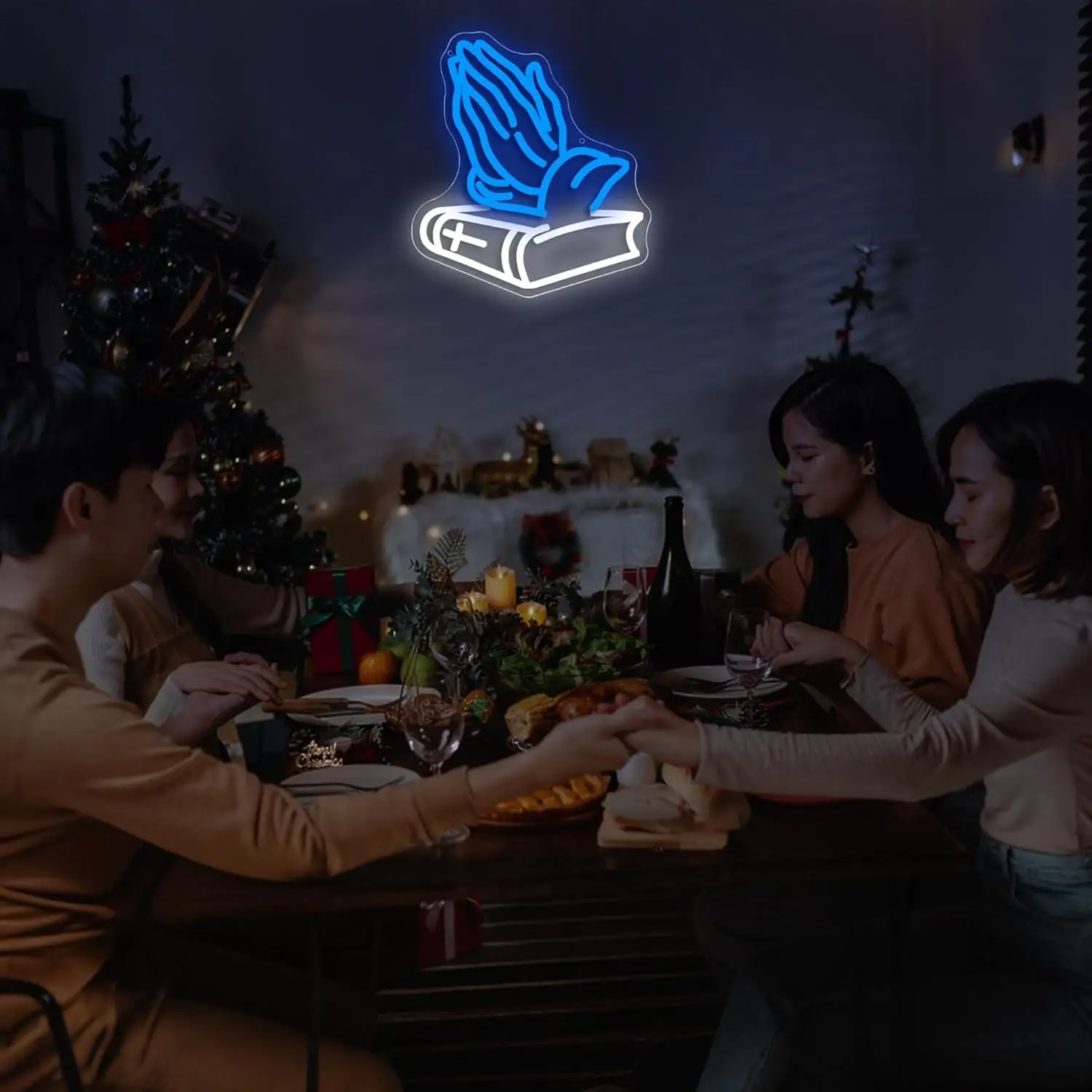 Praying Hands & Bible Neon Sign Dimmable LED Neon Light for Bedroom Church Christian Faith Themed Wall Decor Gift for Faith