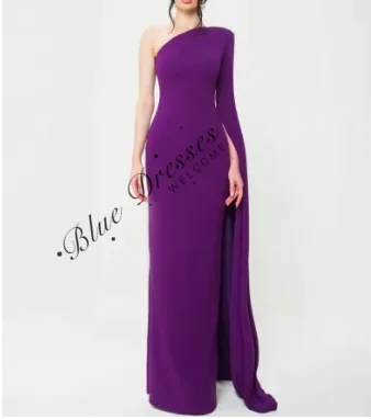 

Customized Long Purple Crepe Evening Dresses with Slit Mermaid One Shoulder حزب اللباس Floor Length Evening Dress for Women