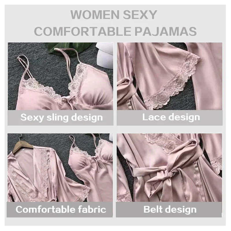 2pcs Woman Sexy Pajamas Sleepwear Lace Robe And Pants Lingerie Bathrobe Silk Satin Home Clothed Nightwear For Ladies