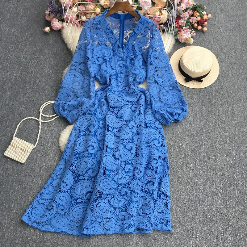 

Spring Autumn Elegant Midi Lace Dress for Women Hook Flowers Long Sleeve Boho Veatidos Beach Vacation Female Tarf Vintage New In