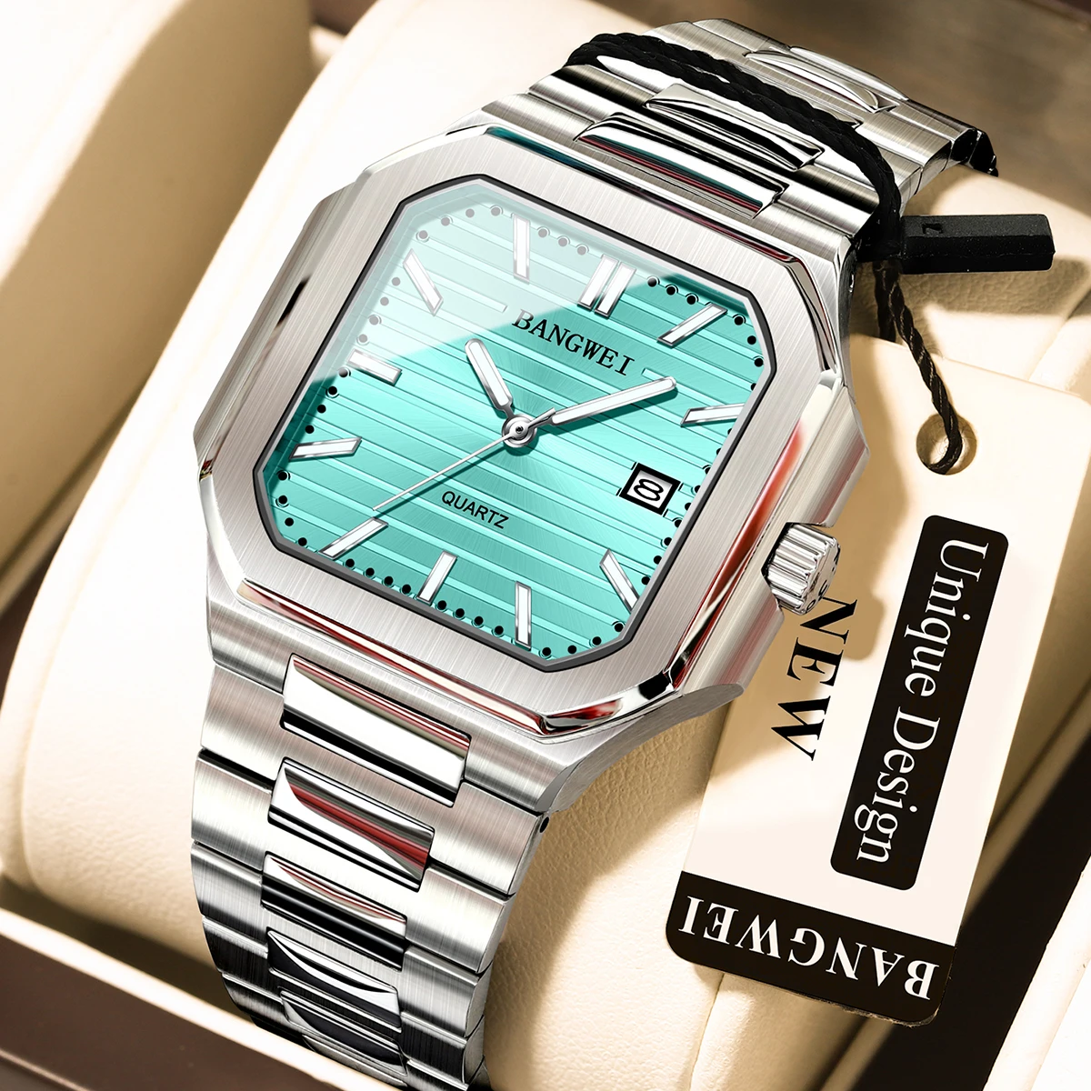 

BANGWEI Original Square Watches For Men Week Date Stainless Steel Man Watch Luminous Waterproof Luxury Men's Quartz Wristwatch