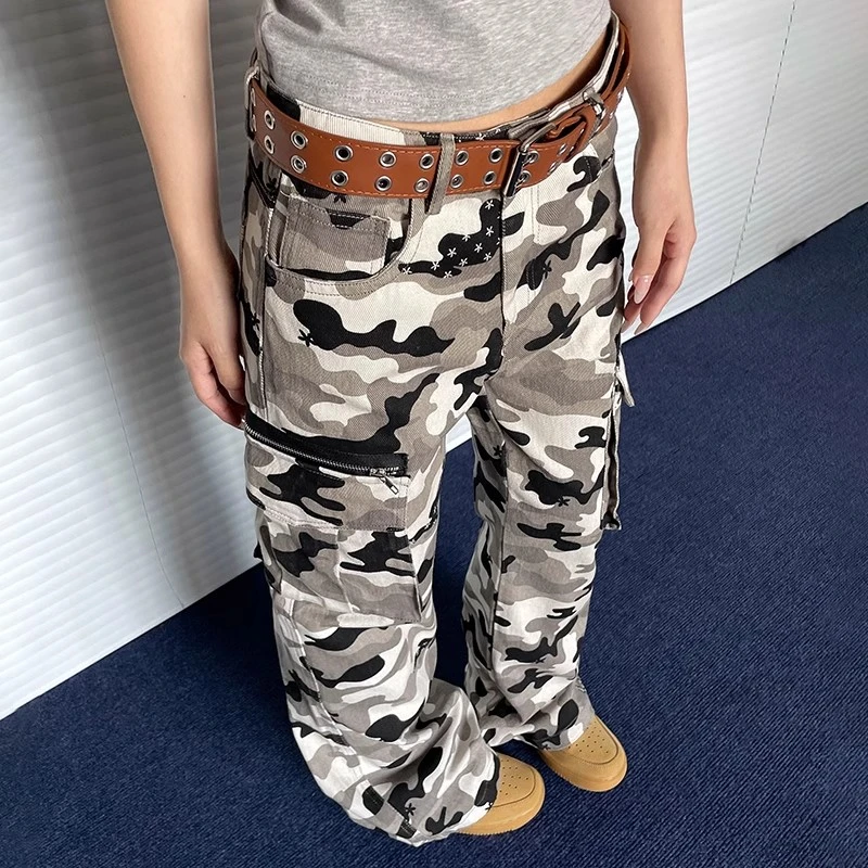 

Women's Vintage Camouflage Straight Pants Cool Girl Street Bottoms Female High Waisted Wide-leg Unisex Trousers