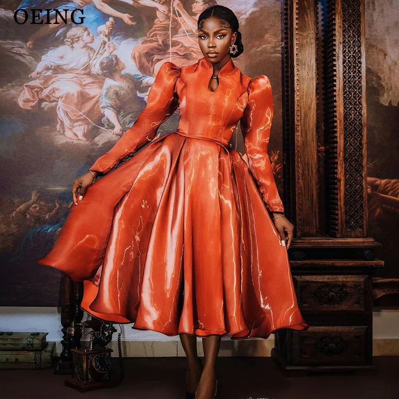 OEING Vintage A-Linien-Abendkleider, orange, hoher Ausschnitt, drapiertes Satin-Abschlussballkleid in Teelänge, lange Ärmel, Geburtstagskleid, individuell gestaltet