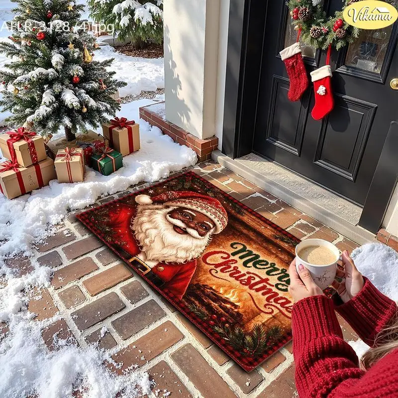 VIKAMA Buffalo Plaid Black Santa Entryway Rug Non Slip Low Profile Mats for Outside Front Door Xmas Winter Decor Washable