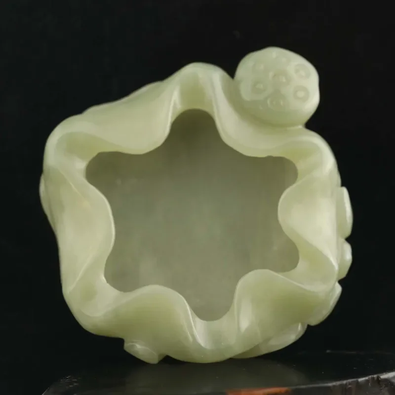 

Old China Natural hetian Jade Hand Carved statue of flower writing brush washer #20