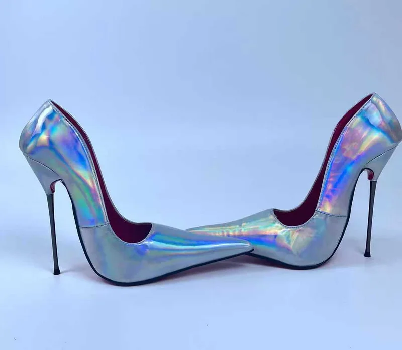 CACA 17cm High Heels,Women Pumps,Long Pointed Toe,Stage Show Shallow Shoes,Colorful Laser Silver,Sexy Patent Leather,Dropship