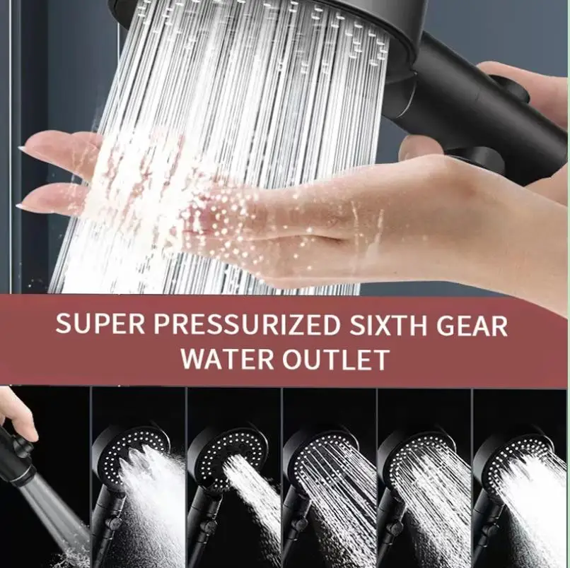 Cabeça de chuveiro pressurizada preta, alta pressão, economia de água, com mangueira e suporte, 6 modos de filtro, chuveiro ecológico, acessórios de