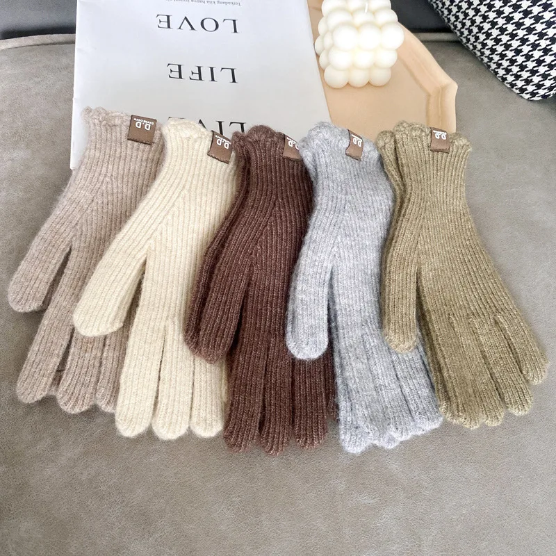 Einfarbige Wollstrickhandschuhe für Damen Herbst und Winter SüdkoreainsSplit-Finger winddichte Wollmischung Studenten Warm-Ke