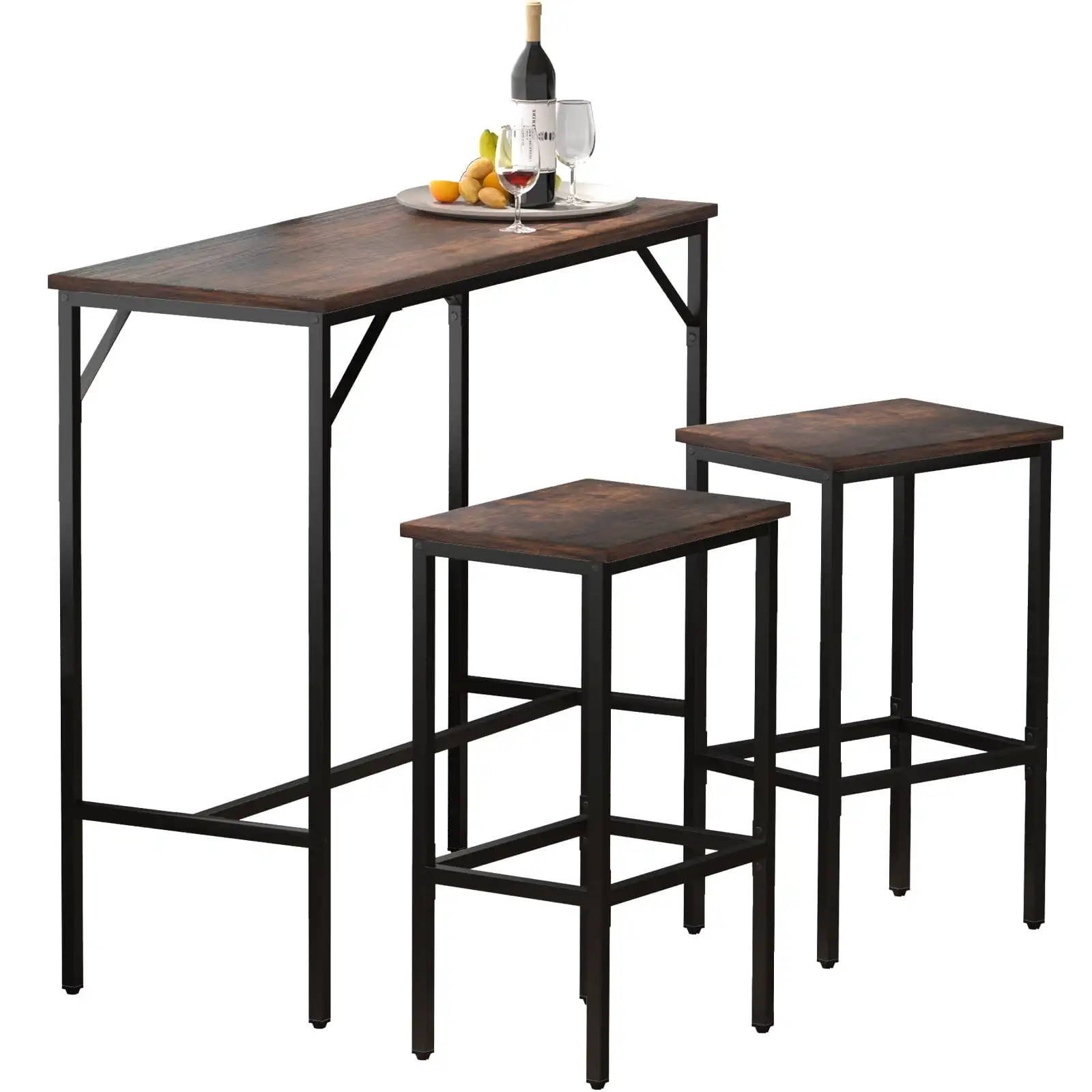3 Piece Bar Table and Chairs Set, Pub Table Set w/ 2 Stools, Steel Frame 39" Counter Height Dining Sets, Rustic Brown