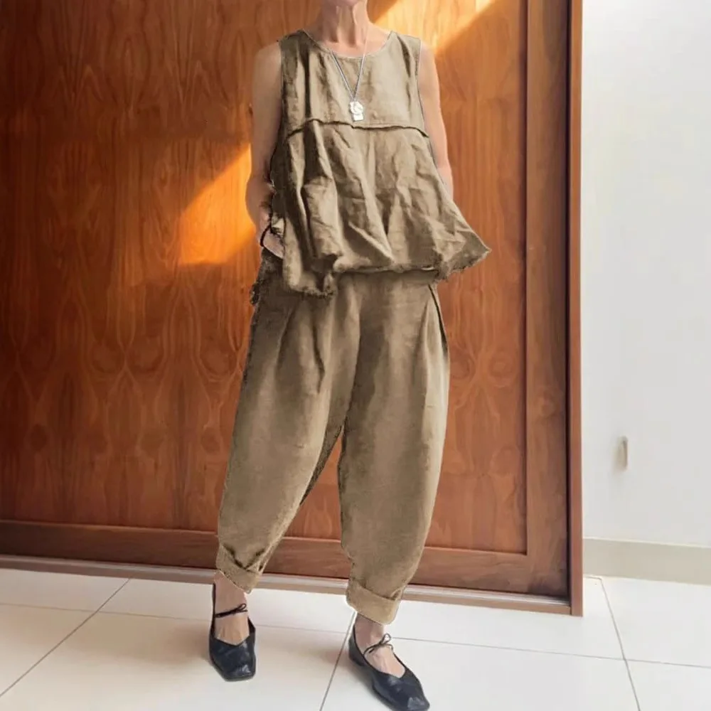 Eleganckie komplety damskie, letnie, nowe, bez rękawów, bawełniano-lniane, dwuczęściowe spodnie, zestaw codzienny, duże komplety.