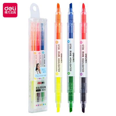 Deli S736 Double Head Three Pack Two Color Fluorescent Pen Round Head Marker Color Marking Pen Pastel Drawing Pen 3 Pcs / Set