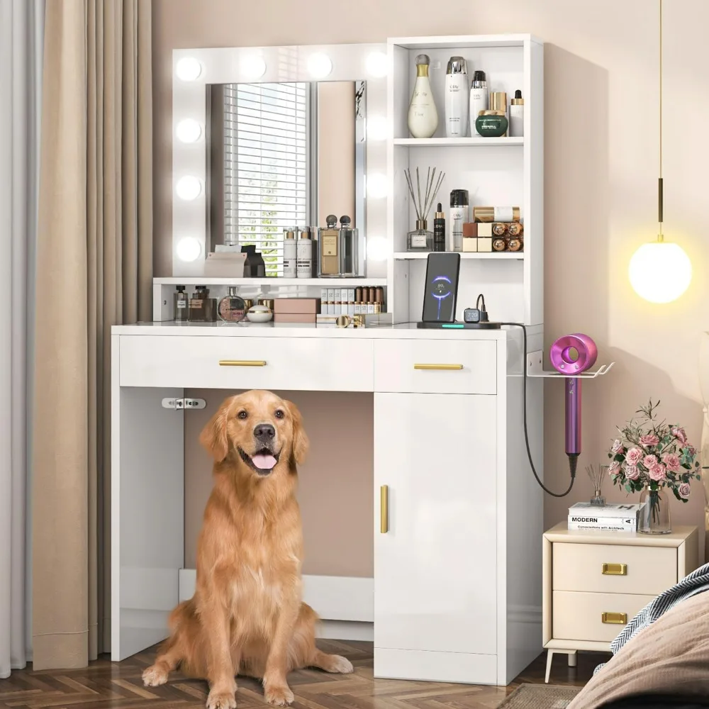 

Makeup Vanity Desk with Mirror Lights, 2 Drawers 1 Cabinet, 3 Lighting Modes Adjustable Brightness Dressing Table