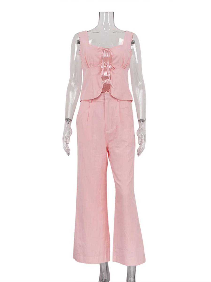 

Pink Sweet Simple Two-piece Sets Women Folds Square Collar Lace-up Tank Top+Pleated Trouser Suits Summer Casual Fashion Pant Set