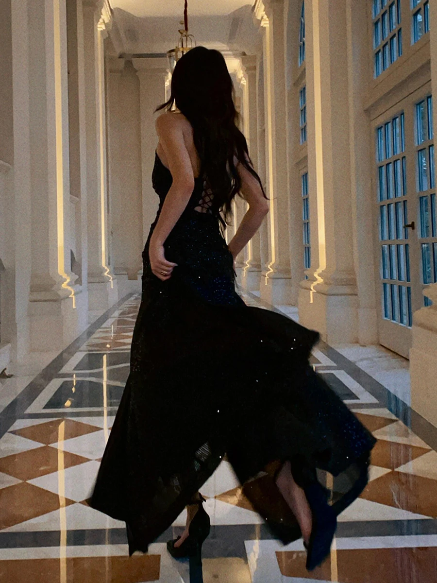 REDDACHiC Sparkle Party Black Dress Women Cami V-neck Backless Split Flowy A-line Maxi Long Dress Luxury Prom Cocktail Ball Gown
