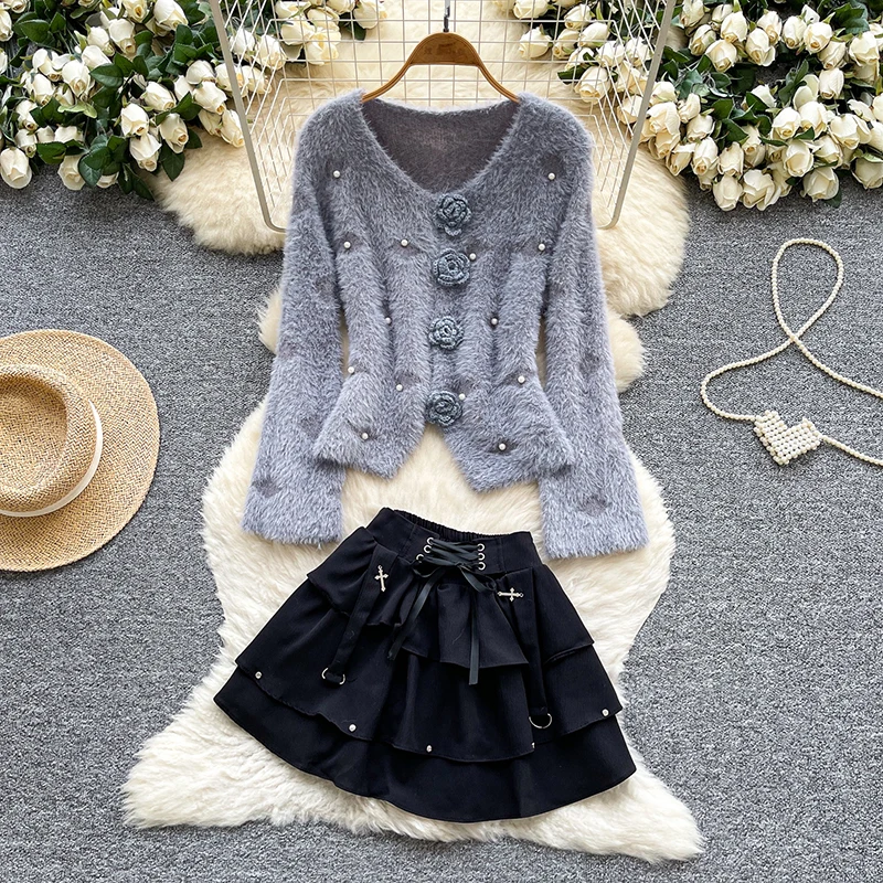 

Autumn Sweet Two Piece Suits 3D Floral Beading Cashmere Tops+High Waist Mini Ruffles Skirt Women Fashion Hotsweet Sets
