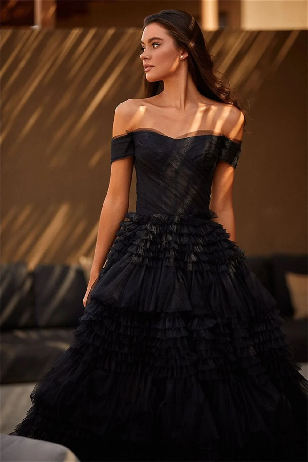 Amanda Luxury Multilayer Evening Dress Black Off Shoulder Party Dress Ball Gown Prom Dress 2024 Puffy فساتين مناسبة رسمية