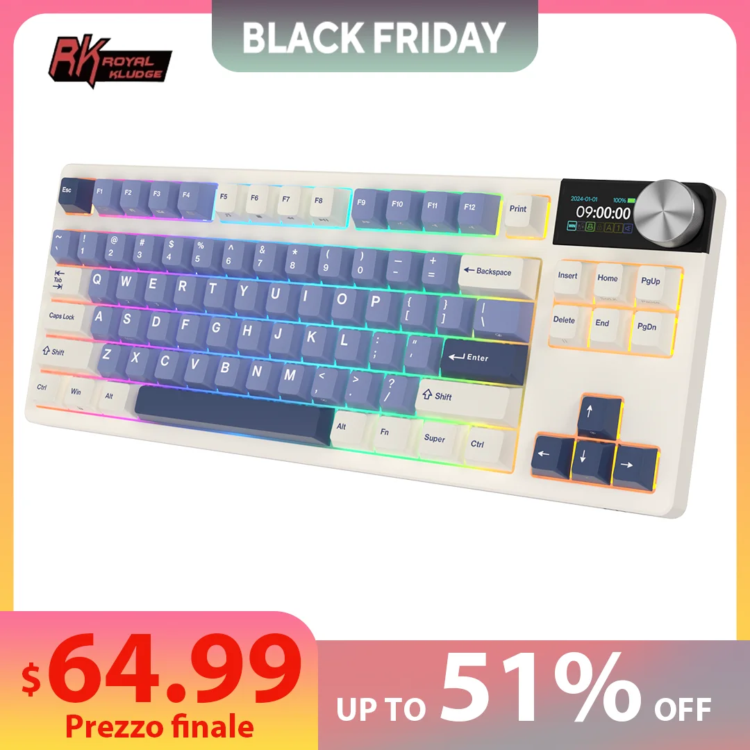 

RK ROYAL KLUDGE S85 Gasket Russian Mechanical Keyboard 2.4G Wireless/Bluetooth/USB 75% RGB Hot-Swappable Gaming Keyboard