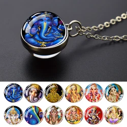 Elephant God Ganesha Necklace Hinduism Buddhism Art Jewelry Double Side Glass Ball Pendant Necklace Religion Accessories