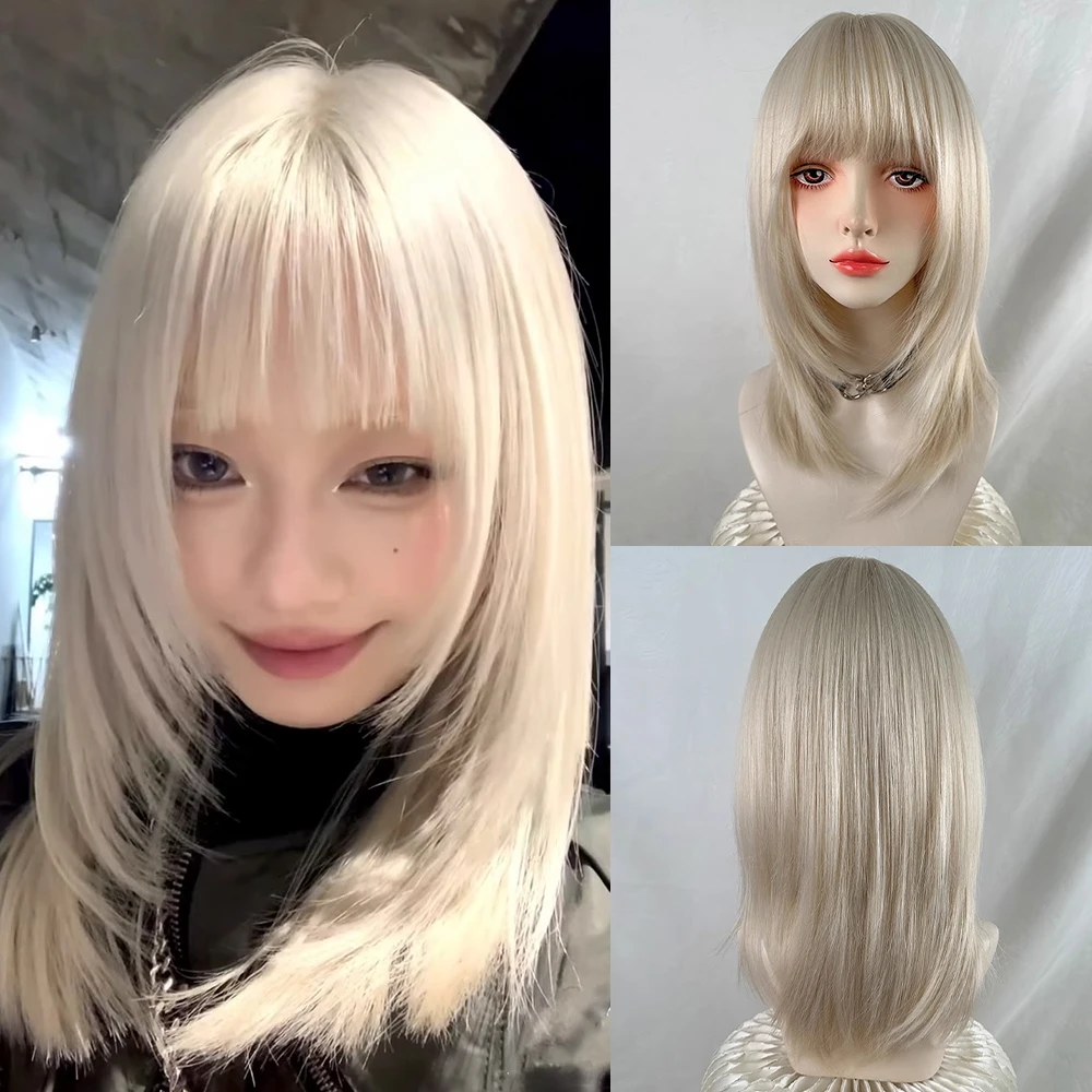 Light Blonde Short Straight Layered Wigs with Bangs Synthetic Heat Resistant Women Fluffy Lolita Cosplay Wig for Daily Party