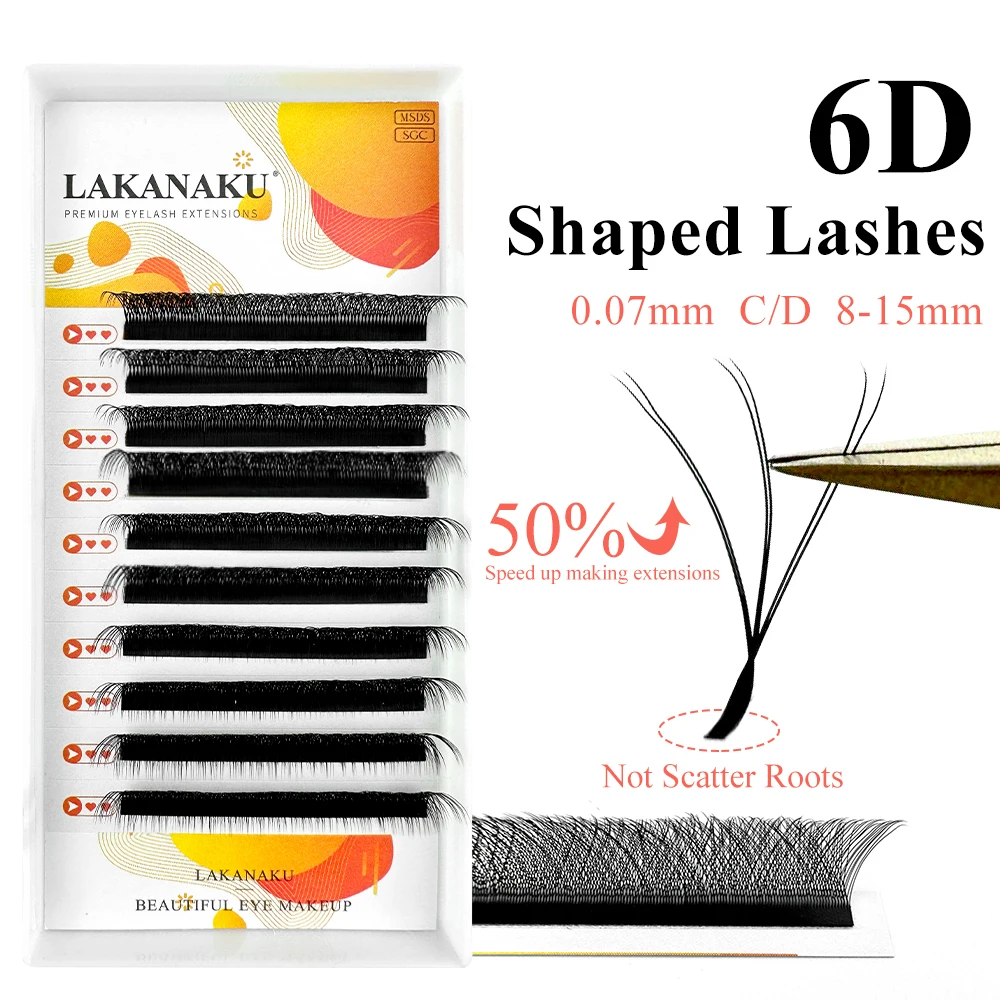 LAKANAKU Soft 6D W Eyelashes Extension Fans 6 Trays Cilios 6D W Shape Lashes Natural Make-up Fans