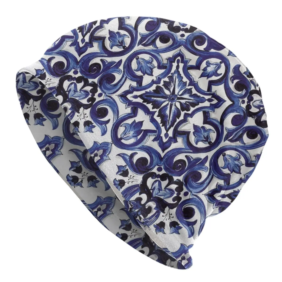 Blue Ornate Floral Mediterranean Sicilian Tile Unisex Adult Beanies Caps Knitted Bonnet Hat Warm Autumn Winter Skullies Hats