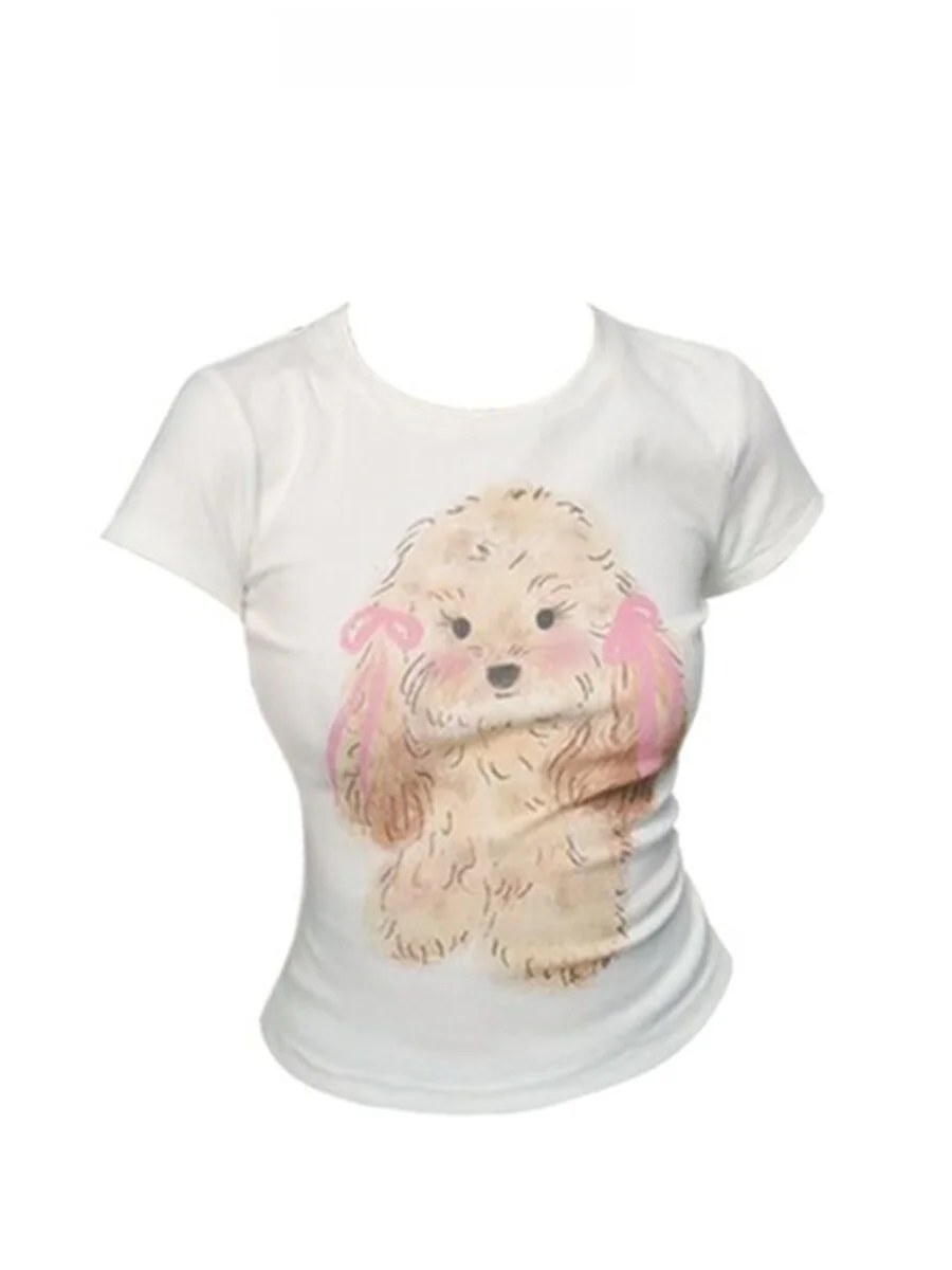 

Cute Sweet Short Sleeve T-Shirt Slim Fit Waist Printing FDC Brand round Neck Short Length Summer Fashion Ladies Top
